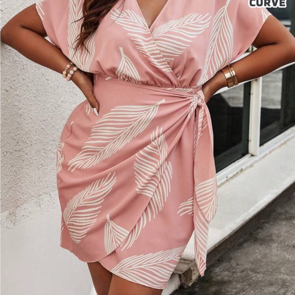 SHEIN Pink Leaf Print Wrap Mini Dress